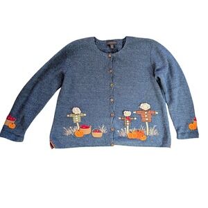 Vintage Women's Blue Harvest Pumpkin Scarecrow Embroidered Cardigan Novelty-‎ L